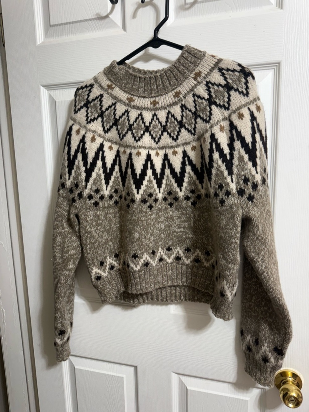 American Eagle Outfitters Nordic-Style Crewneck Sweater in Beige, Cream & Brown